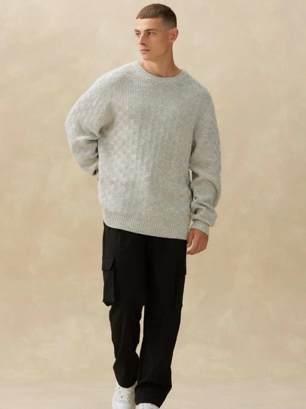 Kuwalla Light Grey Basketweave Crewneck Sweater